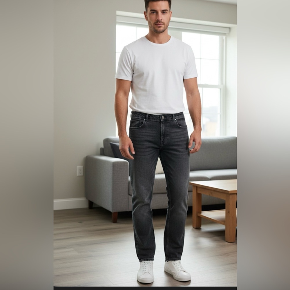 DeFacto Men’s Straight Fit Jeans - Size 38 - Washed Black/Grey